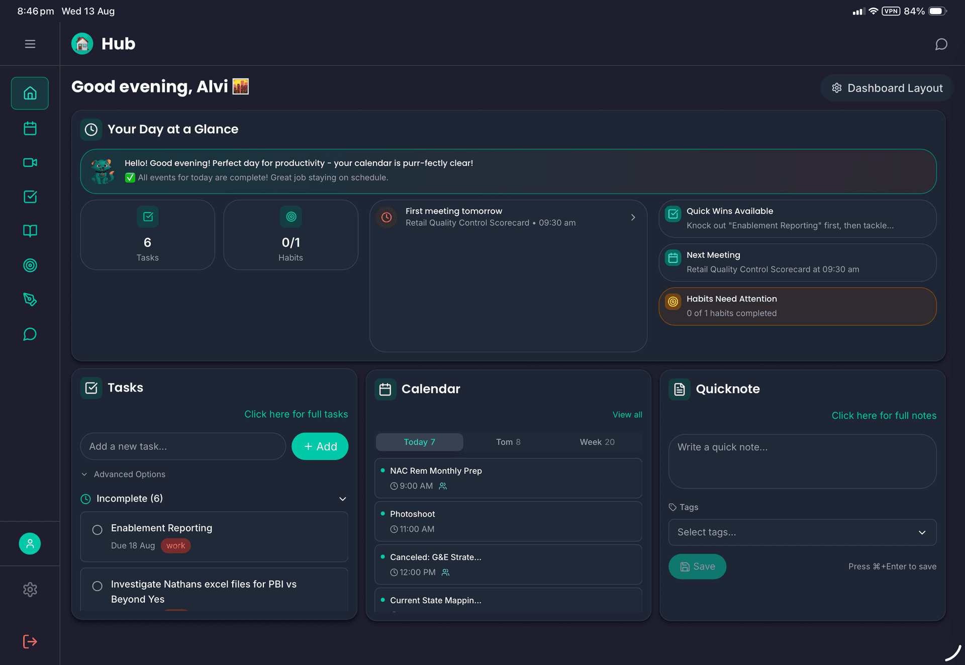 FloHub dashboard — tasks, calendar, and habits in one clear view