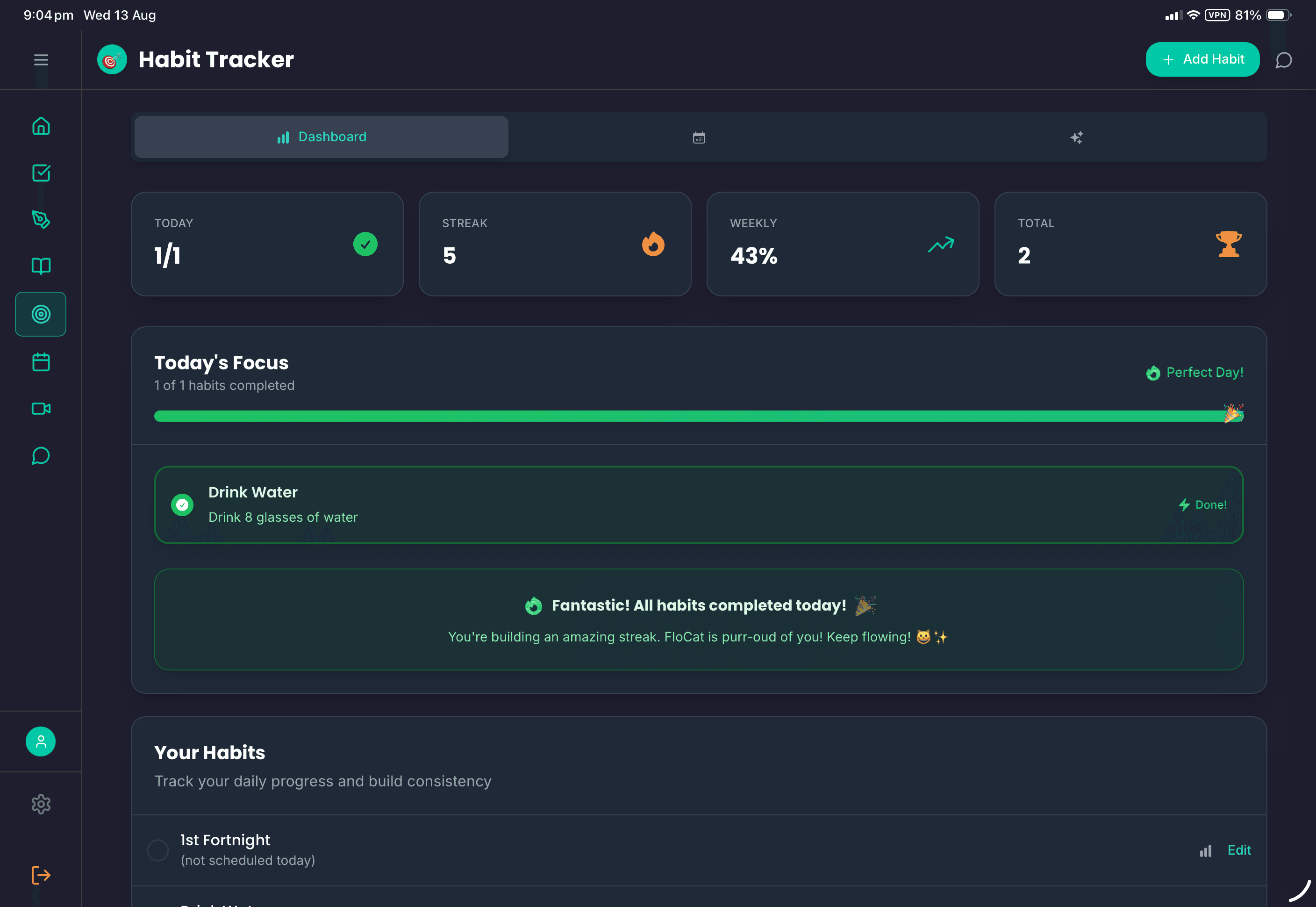 FloHub habit tracking interface showing streaks and completion history