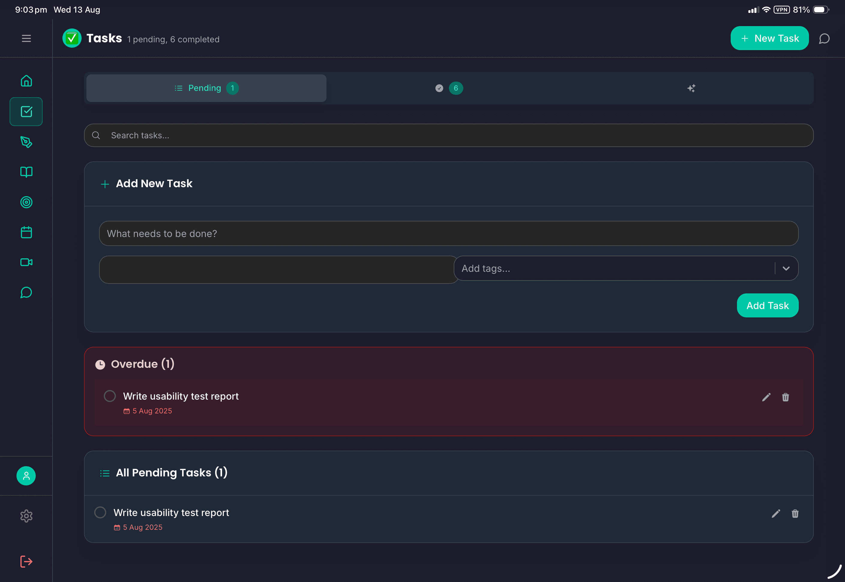 FloHub task management interface with subtasks and AI suggestions