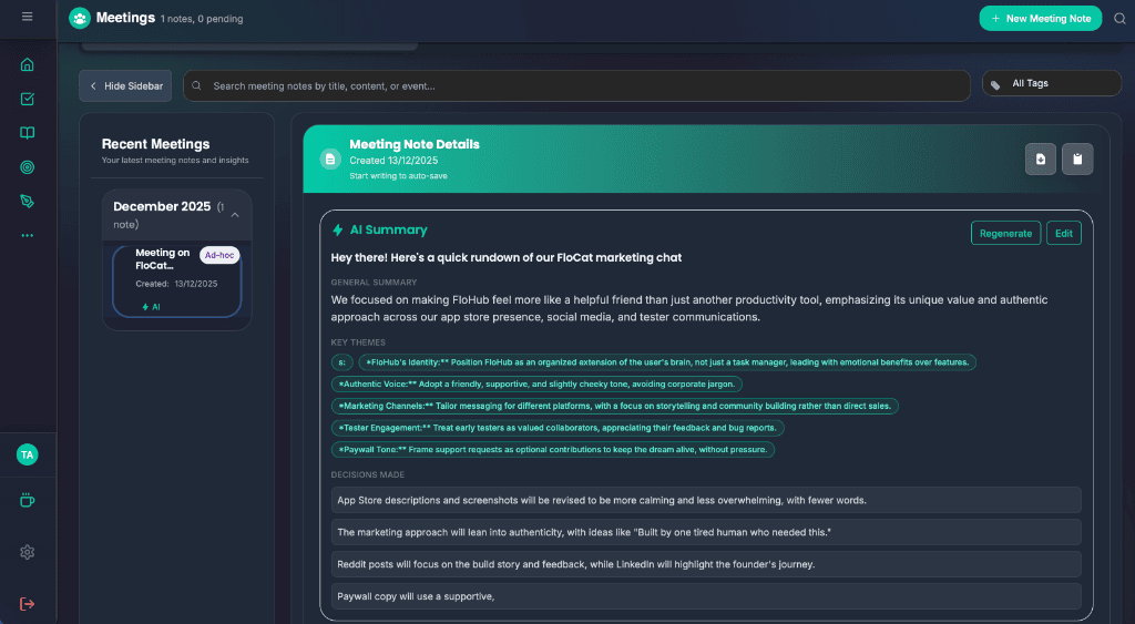 FloHub Meeting Notes and Action Items
