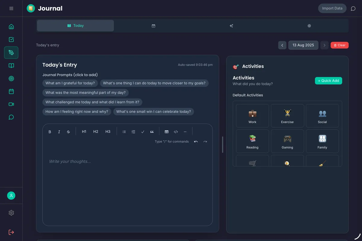 FloHub journaling interface showing mood tracking, sleep log, and daily writing prompt