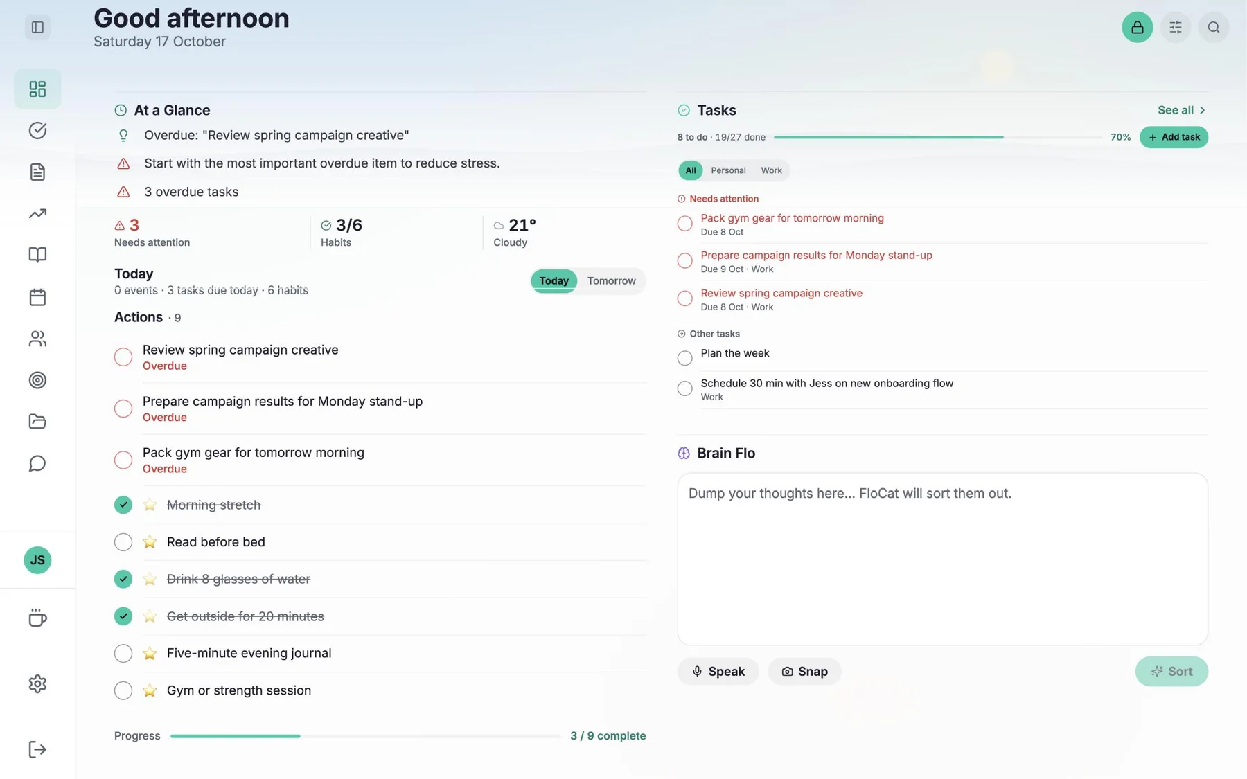 The FloHub web Hub: At a Glance with today's actions and habits, the task list and Brain Flo capture