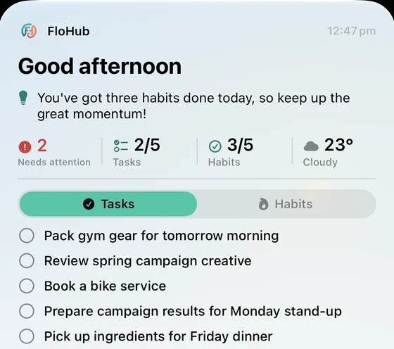 FloHub widget with FloCat's briefing, today's numbers and tasks